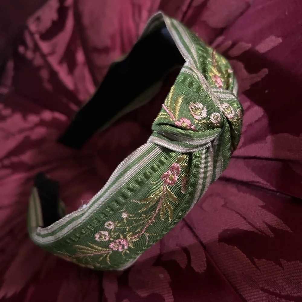 Green Floral Embroidered Twist Knot Headband
